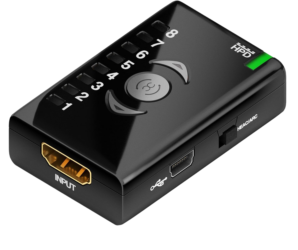 Strona wejścia Dr HDMI z wejściem HDMI, portem Mini-USB i przełącznikiem HEAC/ARC