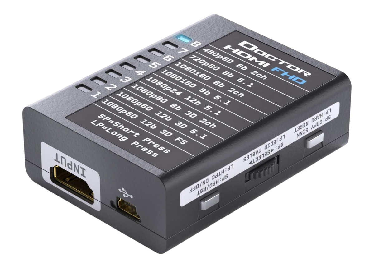 Strona wyjściowa Dr HDMI 4K, z wyjściem HDMI, gniazdem RS232 oraz przyciskami copy sink i HPD