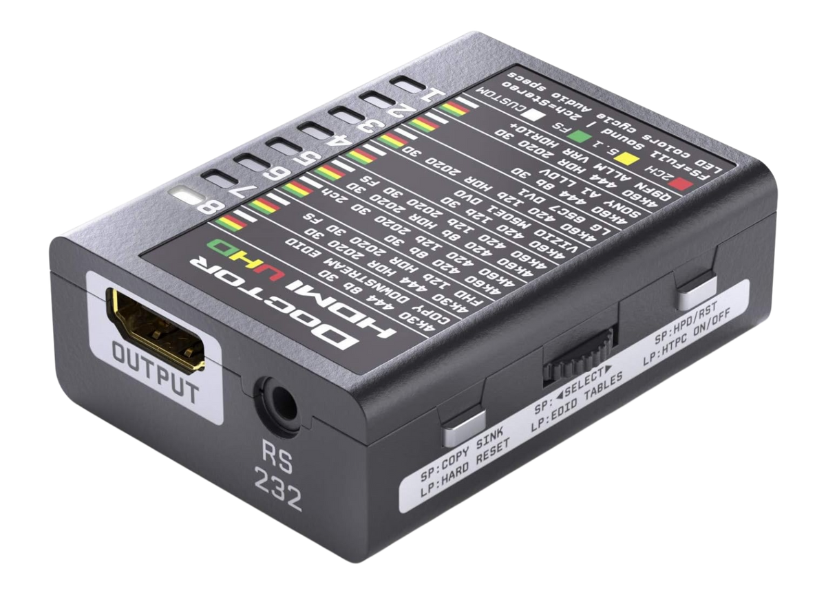 Dr HDMI 4K od strony wyjścia, z tabelą banków EDID UHD nadrukowaną na wierzchu