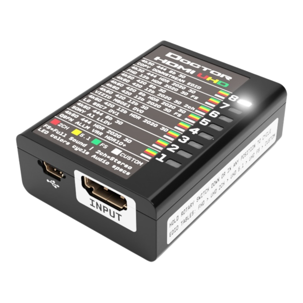 Strona wejściowa Dr HDMI 4K, z wejściem HDMI, gniazdem mini USB i tabelą EDID UHD na wierzchu