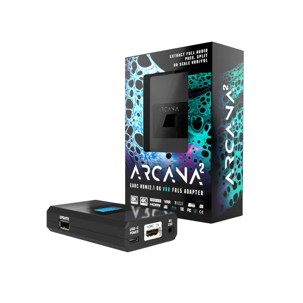 Adapter eARC 8K HDfury Arcana 2 – widok z przodu z wyświetlaczem OLED