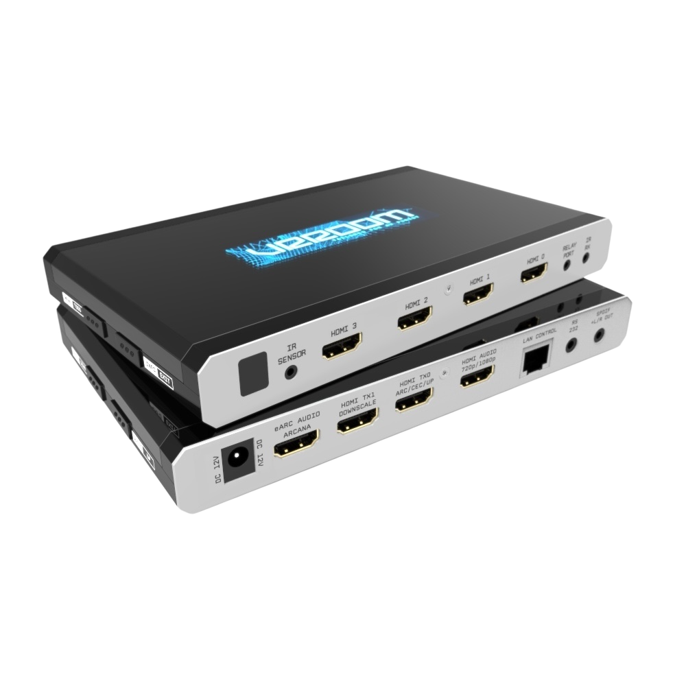 HDfury VRROOM – matryca HDMI 2.1 8K, skaler i ekstraktor audio eARC, widok z przodu z wyświetlaczem OLED