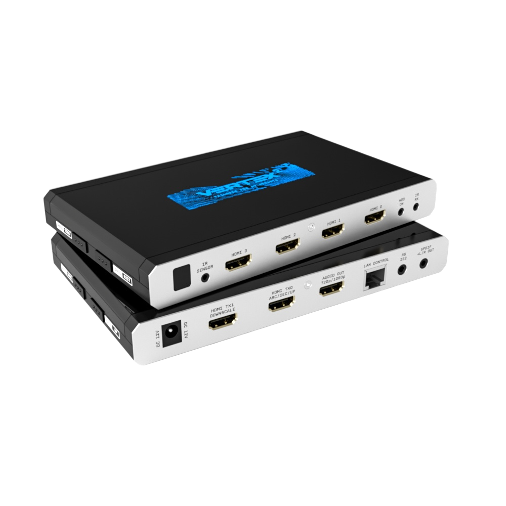 Matryca HDMI 4x2 HDfury Vertex 2 pokazana dwukrotnie, jedna nad drugą: u góry cztery wejścia HDMI, poniżej wyjścia skalera TX0 i TX1, wyjście ekstraktora audio, LAN, RS232 i S/PDIF