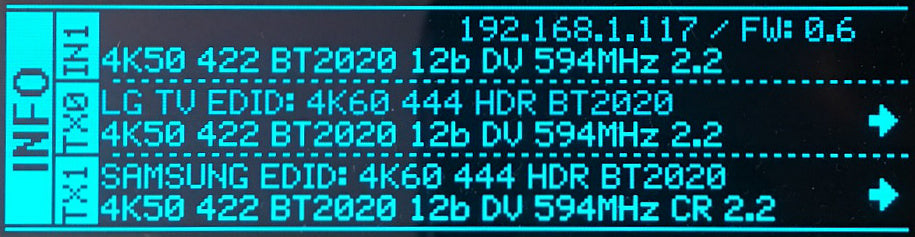 Ekran informacyjny OLED urządzenia HDfury Vertex 2 z adresem IP 192.168.1.117, firmware 0.6, przychodzącym sygnałem 4K50 4:2:2 12 bit Dolby Vision oraz tym, co skaler wysyła na ekrany LG i Samsung przez TX0 i TX1