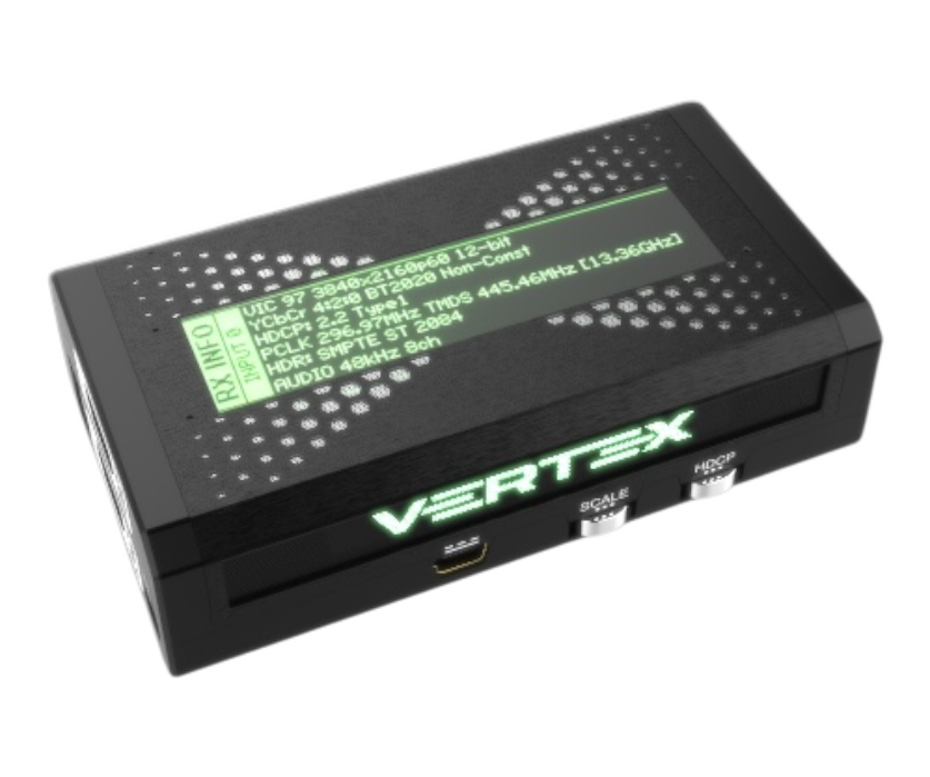 RX INFO HDfury Vertex na OLED: 3840x2160p60 12-bit, YCbCr 4:2:0 BT2020, HDCP 2.2, HDR SMPTE ST 2084, dźwięk 8-kanałowy