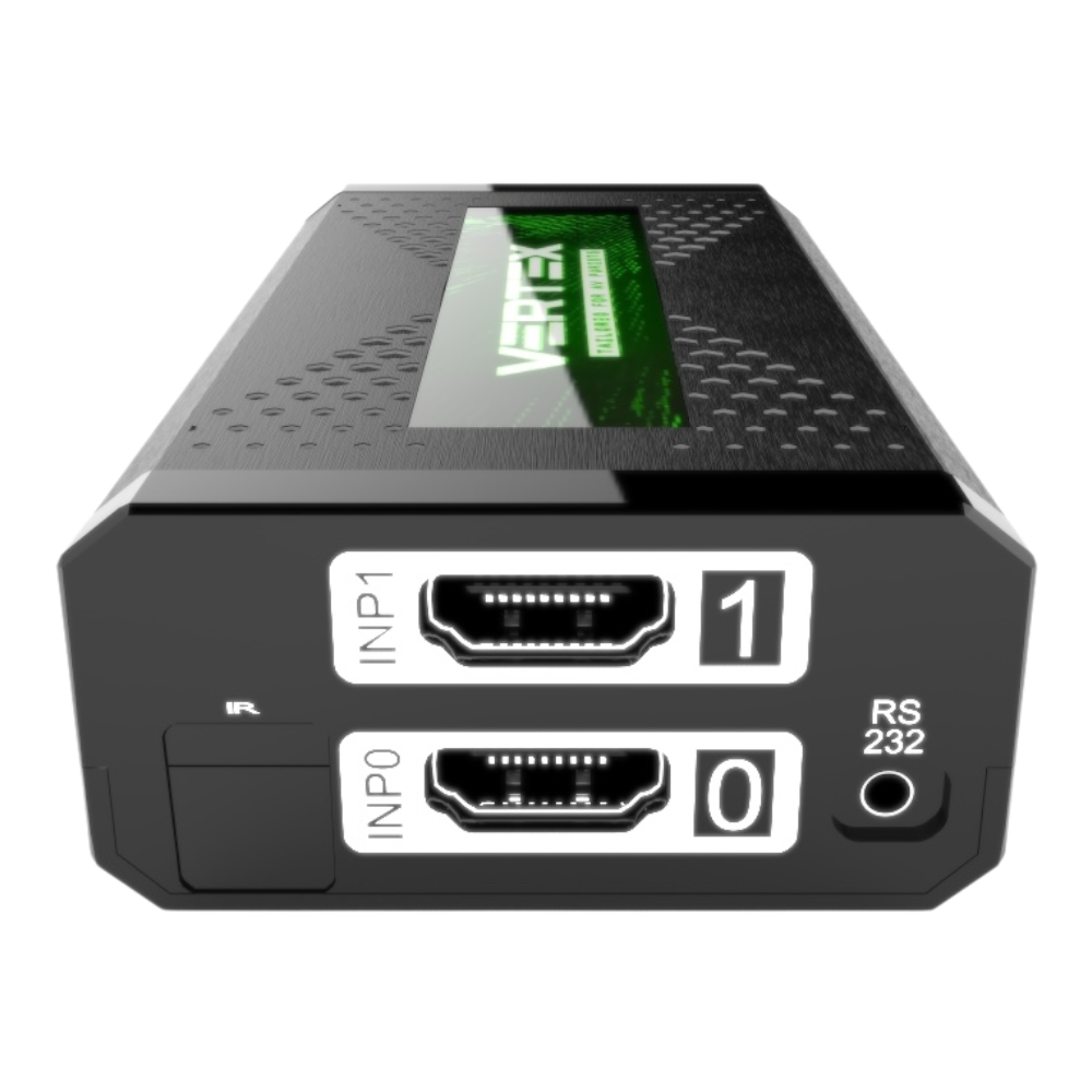 Strona wejść HDfury Vertex: wejścia HDMI INP0 i INP1, odbiornik IR i port RS232