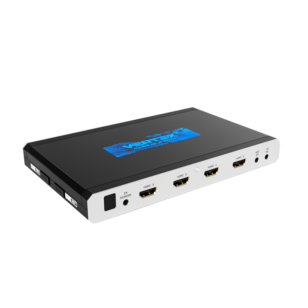 Matryca, splitter i skaler HDMI 4x2 HDfury Vertex 2 na białym tle, z czterema wejściami HDMI 18Gbps i niebieskim logo Vertex 2 na pokrywie