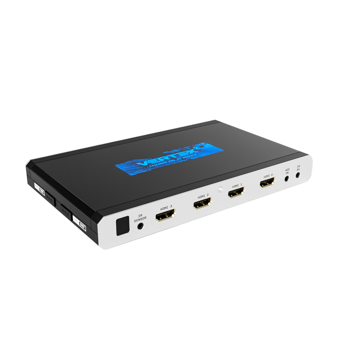 Matryca, splitter i skaler HDMI 4x2 HDfury Vertex 2 na białym tle, z czterema wejściami HDMI 18Gbps i niebieskim logo Vertex 2 na pokrywie
