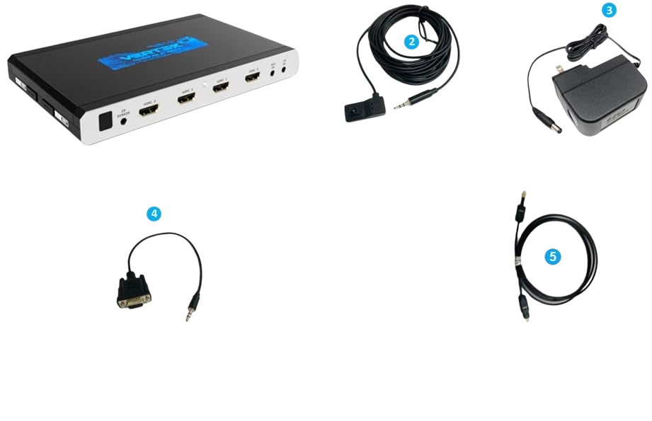 Co znajduje się w zestawie z HDfury Vertex 2: urządzenie, przewód odbiornika IR, zasilacz 12V, kabel RS232 i kabel optyczny