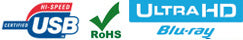Logo USB Certified Hi-Speed, RoHS i Ultra HD Blu-ray