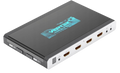 Matryca i przełącznik HDMI HDfury Vertex 2 widziane z góry pod kątem, strona wejść: czujnik IR, cztery wejścia HDMI ponumerowane od 0 do 3, gniazda add-on i IR RX