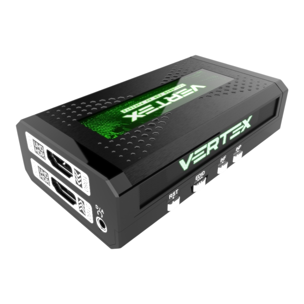 HDfury Vertex – splitter i skaler HDMI 2.0b: wyjścia HDMI, gniazdo audio D/A i przyciski RST, EDID, INF i INP