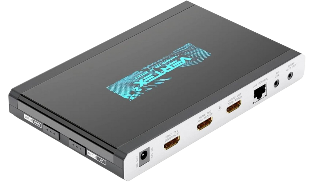 Strona wyjść HDfury Vertex 2: 12V DC, HDMI TX1 ze skalowaniem w dół, HDMI TX0 z ARC, CEC i skalowaniem w górę, wyjście ekstraktora audio 720p/1080p, LAN do sterowania, RS232 oraz S/PDIF z wyjściem L/R