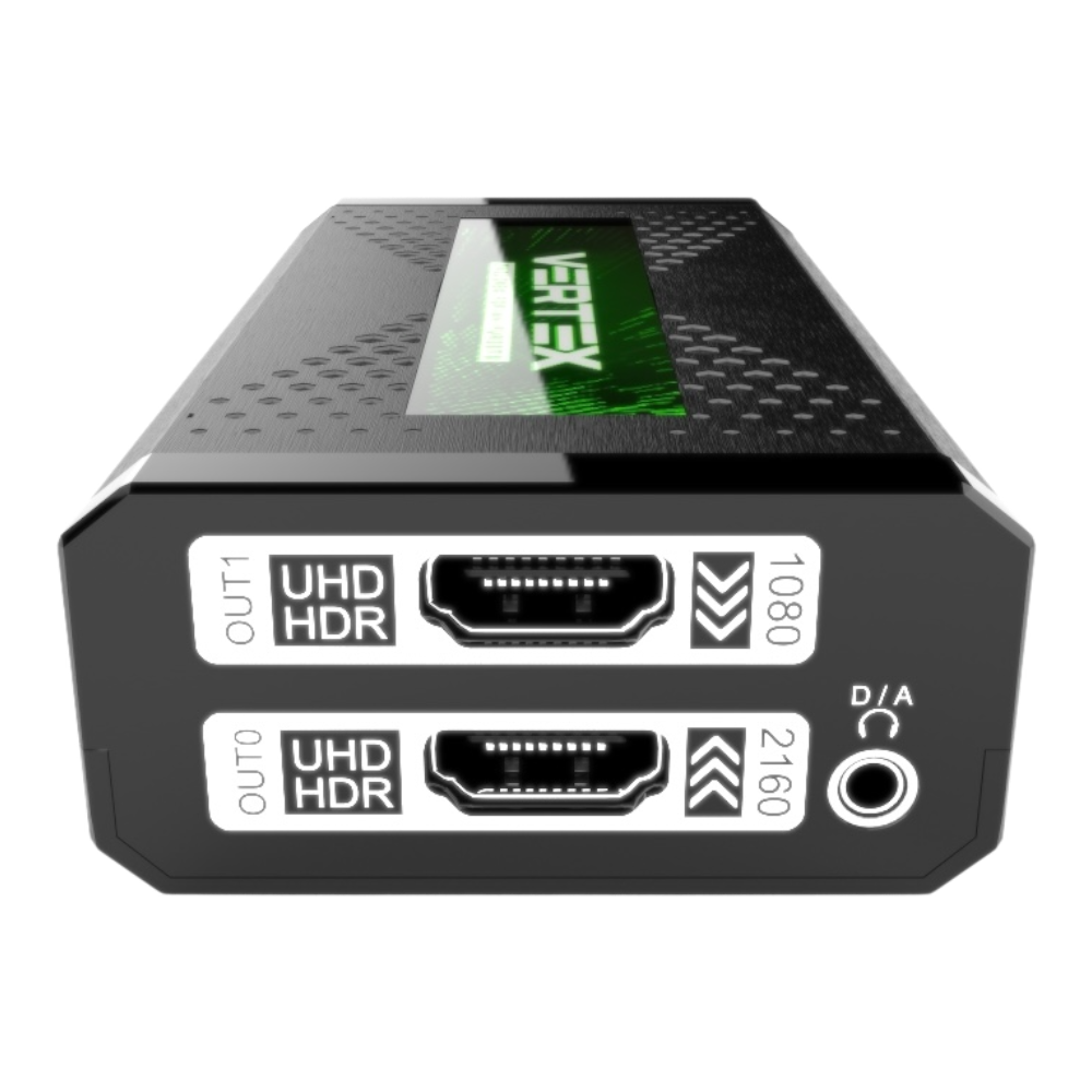 Strona wyjść HDfury Vertex: OUT1 UHD HDR z downscalingiem do 1080p, OUT0 UHD HDR z upscalingiem do 2160p i gniazdo audio D/A