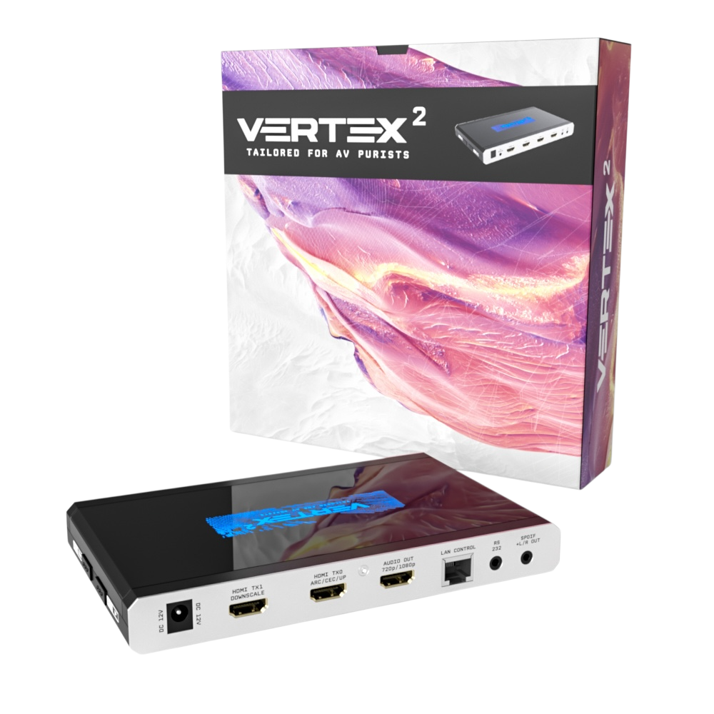 Pudełko detaliczne HDfury Vertex 2 obok urządzenia, w kadrze wyjścia skalera TX0 i TX1 oraz wyjście audio