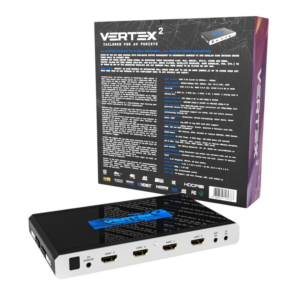 Tył pudełka detalicznego HDfury Vertex 2 z pełną specyfikacją, obok urządzenie z czterema wejściami matrycy HDMI